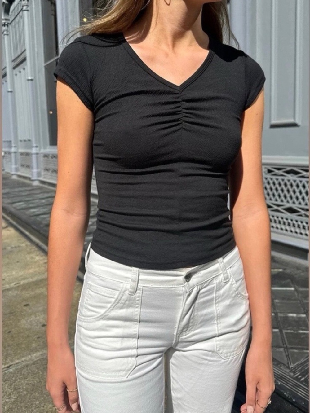 Brandy Melville Black Ruched V-Neck Crop Top